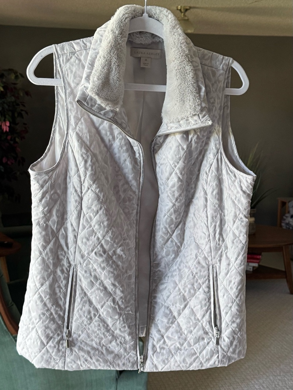 Laura Ashley Quilted Vest with Faux-Shearling Collar - Light Gray